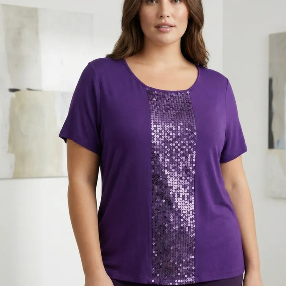 Purple Short Sleeve Sequined Banded Sheath Top size XXL